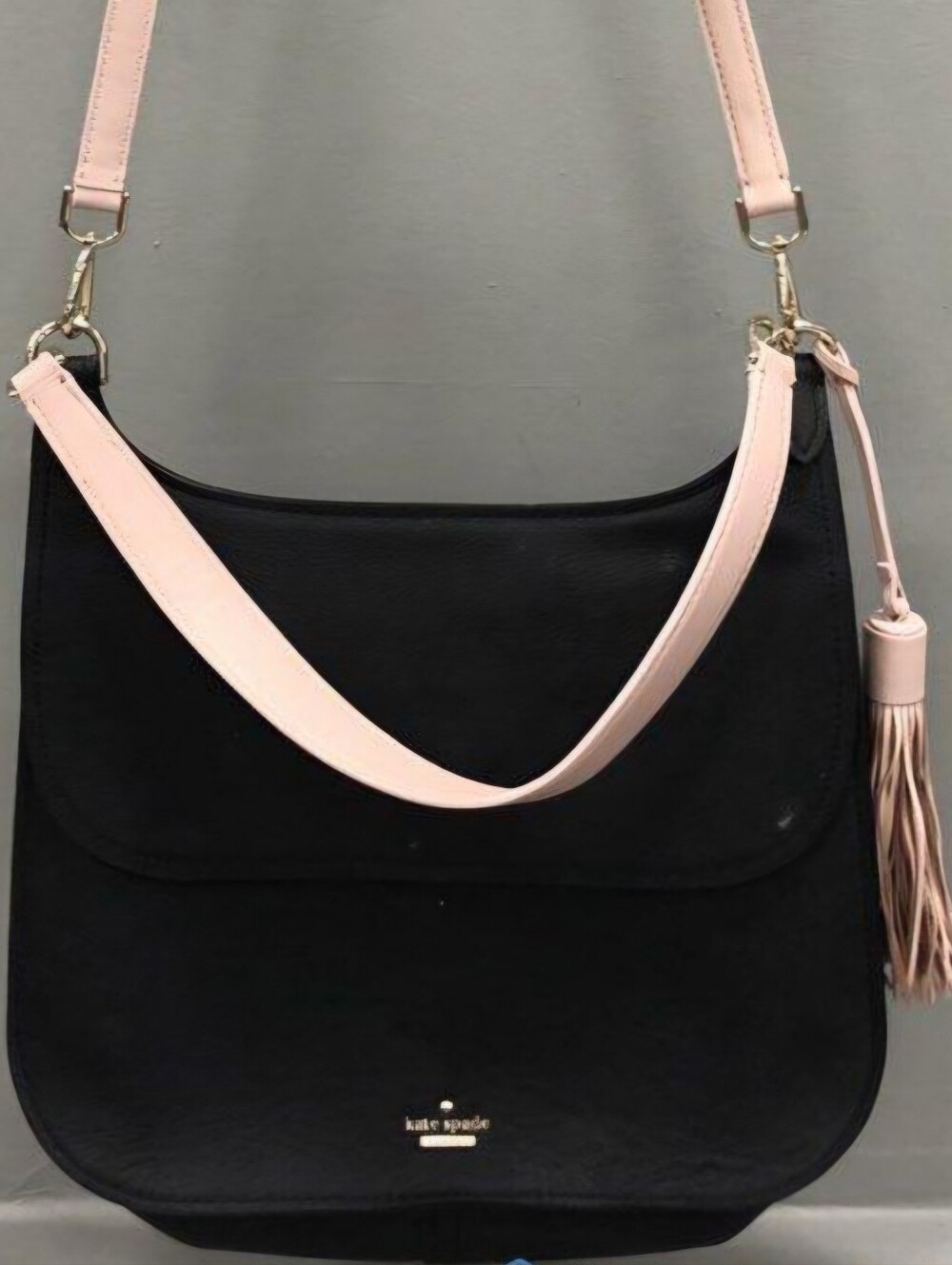 Kate Spade Black Leather Shoulder Bag with Pale Pink Strap and Tassel